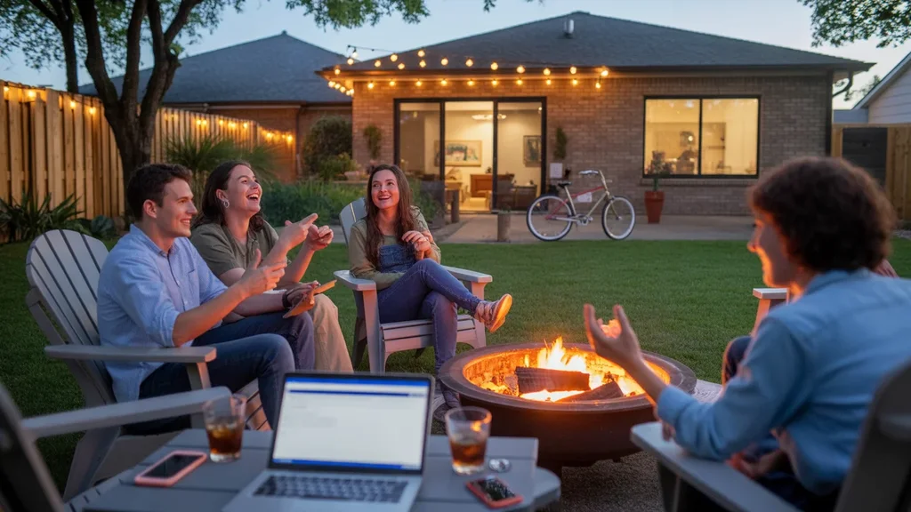Friends gather around a backyard firepit in Irving, Texas, their phones and laptop nearby
