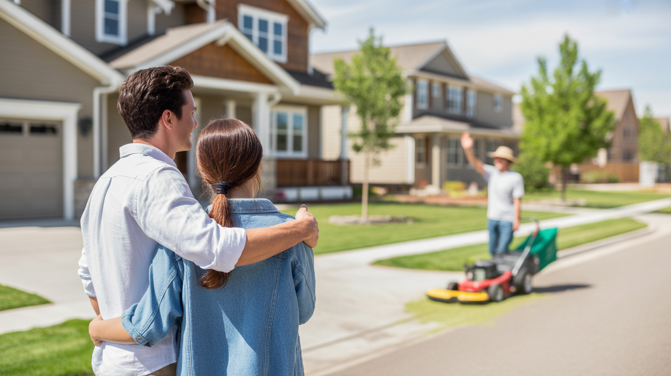 Couple standing in driveway of new craftsman home in Golden, CO with friendly neighbor waving while mowing lawn