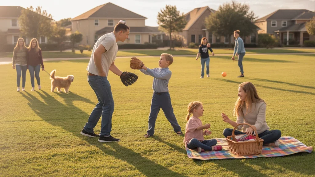 A family playing catch together at a neighborhood park in Irving, TX at sunset