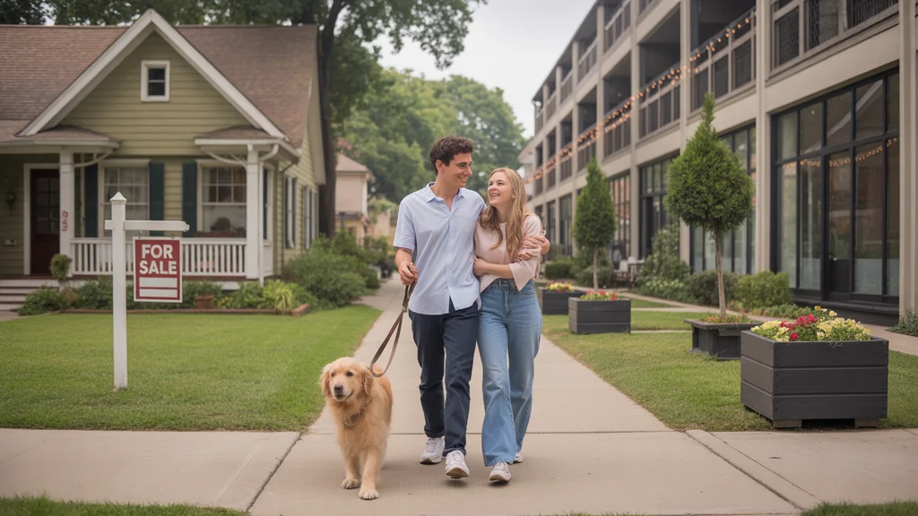 Couple walking dog past house for sale and apartment building in Smyrna neighborhood