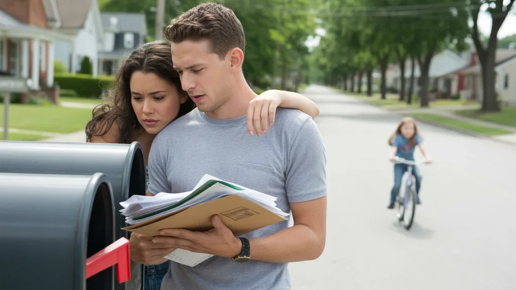 Couple checking mail outside their home in Versailles, looking concerned about bills and fees