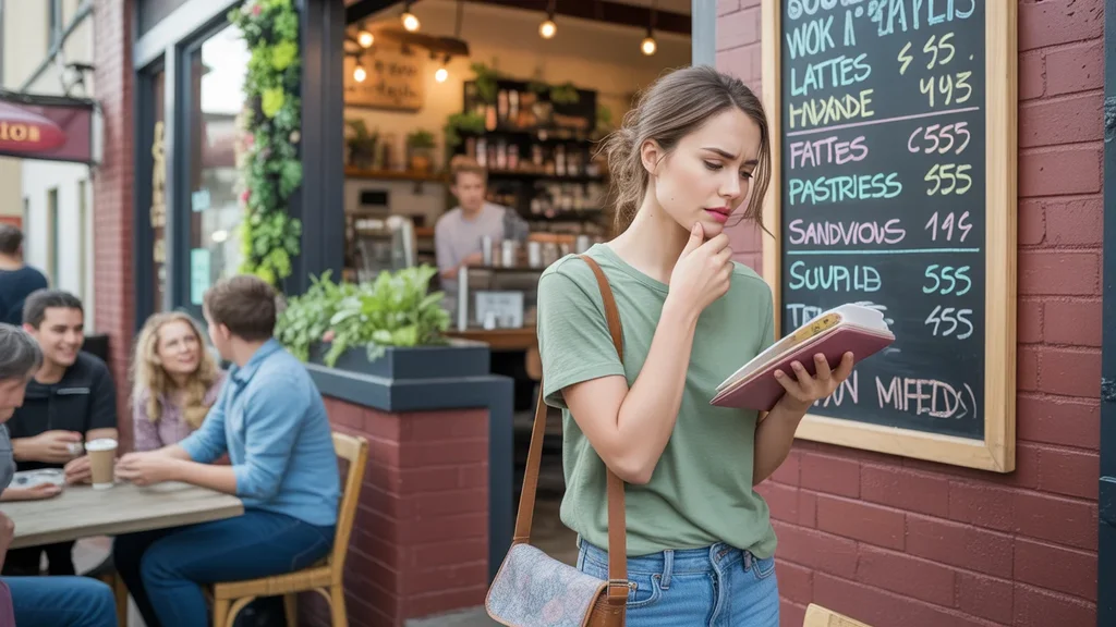 Young woman carefully considering prices on café menu in Tualatin, Oregon