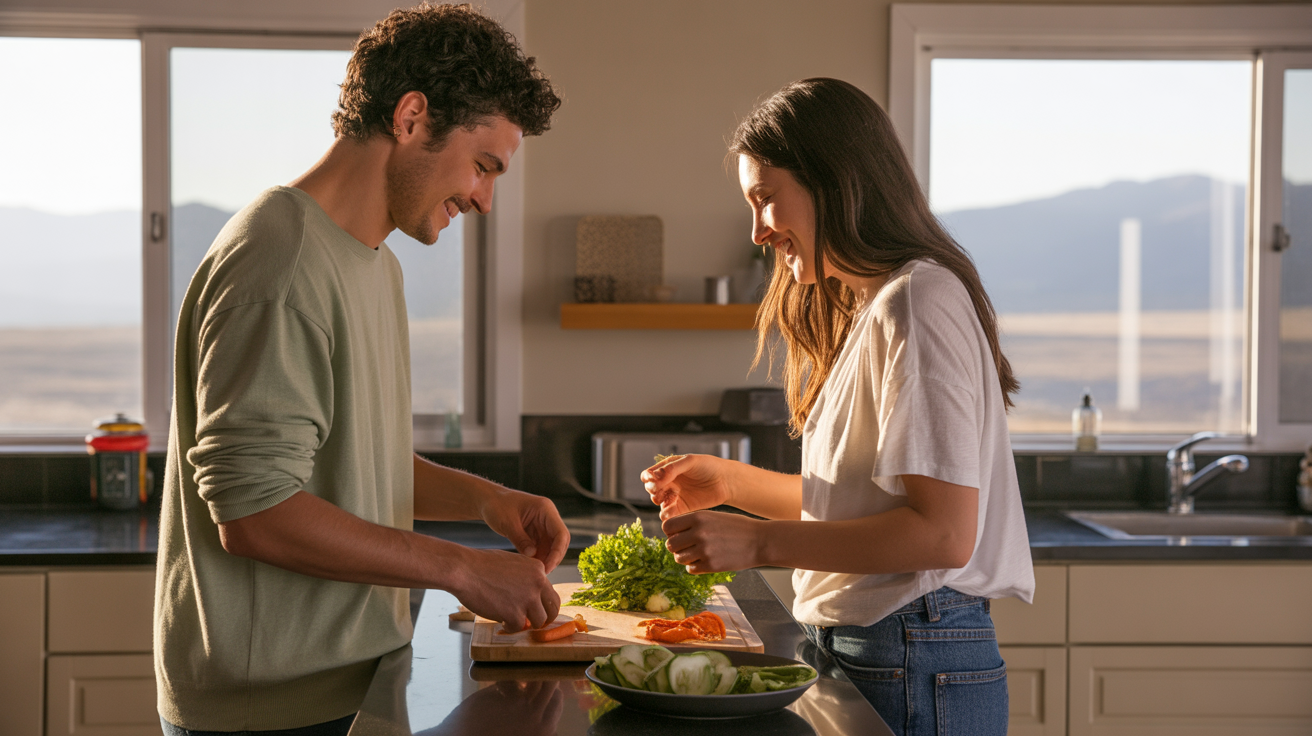 Couple cooking together in minimalist Golden, CO apartment kitchen