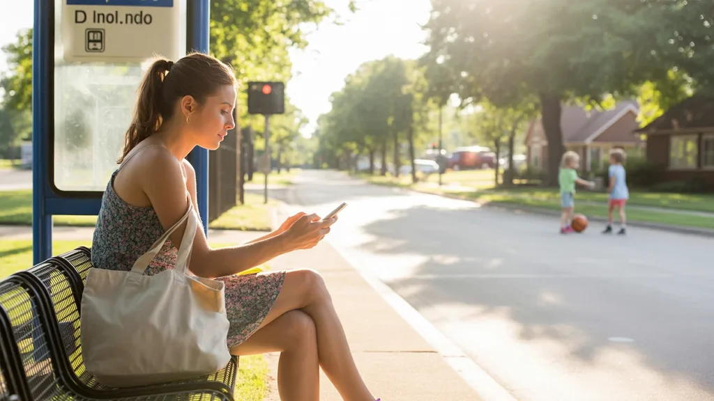 Woman checking phone while waiting for bus in Edmond, Oklahoma suburb at sunset