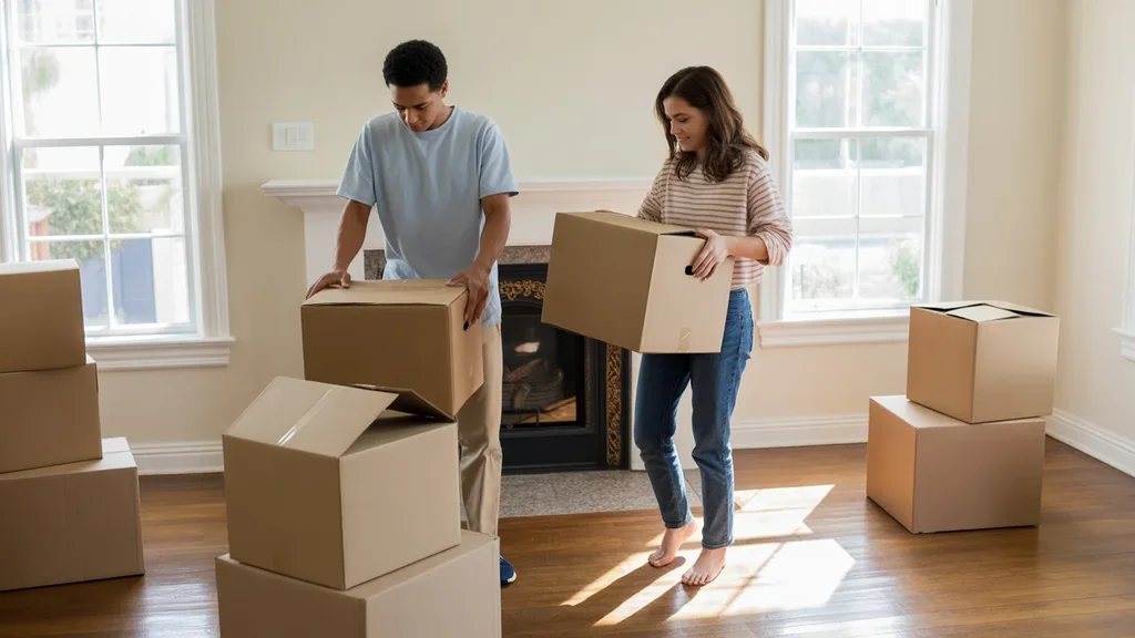 Couple unpacking in their new Murrieta home living room