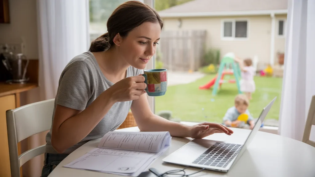Woman reviewing monthly budget at kitchen table in Norman, Oklahoma home