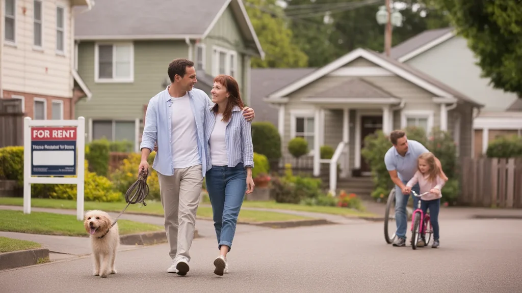 A couple considers housing options while walking their dog through a residential Tualatin neighborhood