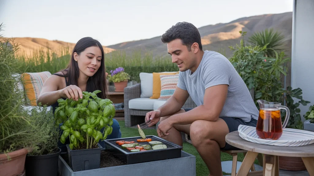 Couple enjoys evening on their patio garden in Chino Hills