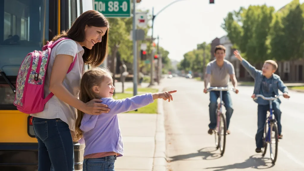 Mother and daughter waiting for city bus in Thornton, CO neighborhood