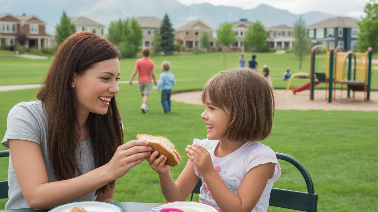 A mother and daughter enjoying a picnic lunch together at a park in Lone Tree, Colorado