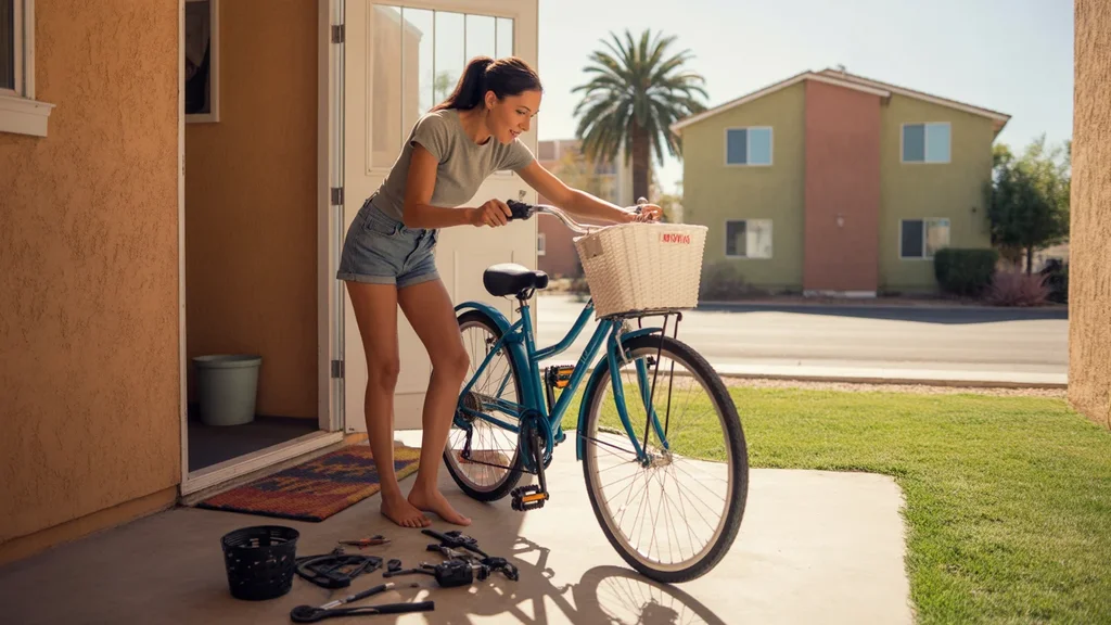 Woman assembling a teal bicycle outside her apartment in Sunrise Manor, NV