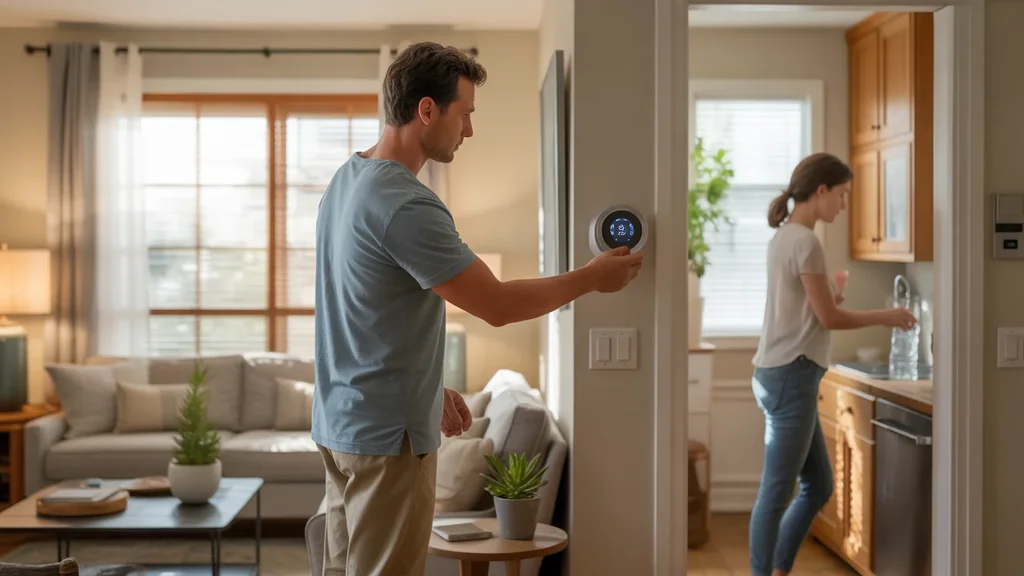 Man adjusting smart thermostat in living room of Brentwood home