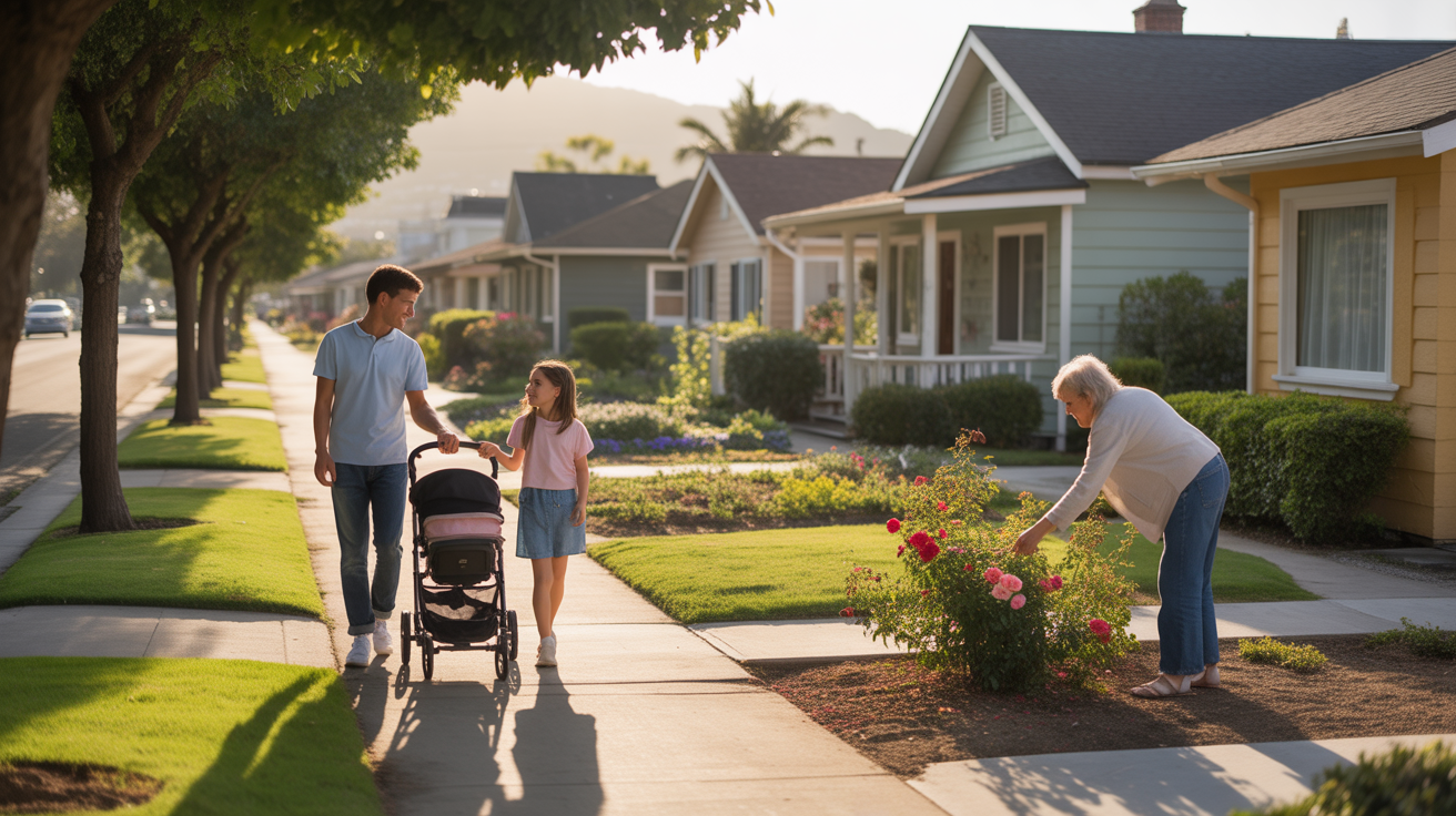 A father and daughter walking along a suburban Garden Grove street at sunset, waving to a neighbor gardening.