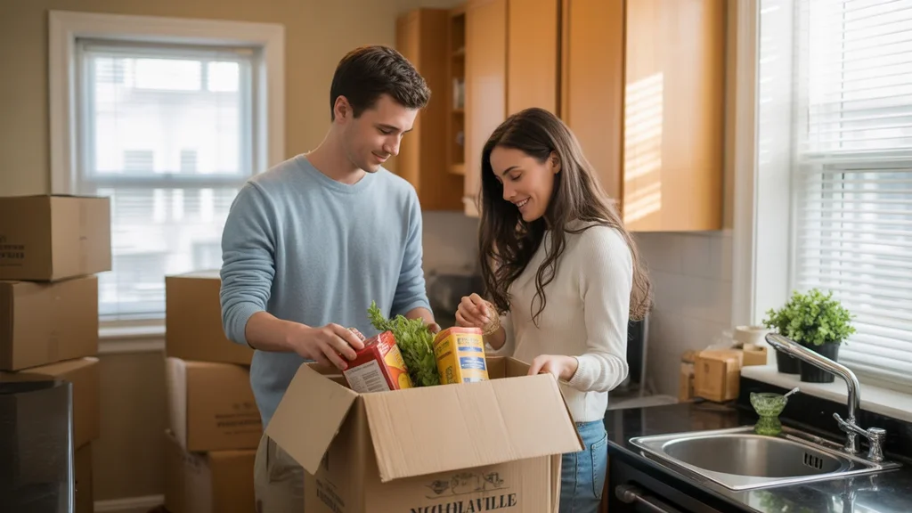Couple unpacking groceries in new Nicholasville apartment kitchen