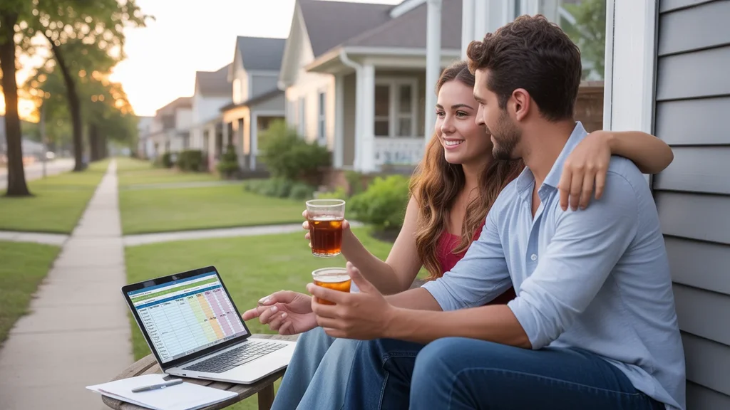 Couple reviewing utility bills on laptop on front porch at sunset in Antioch, TN
