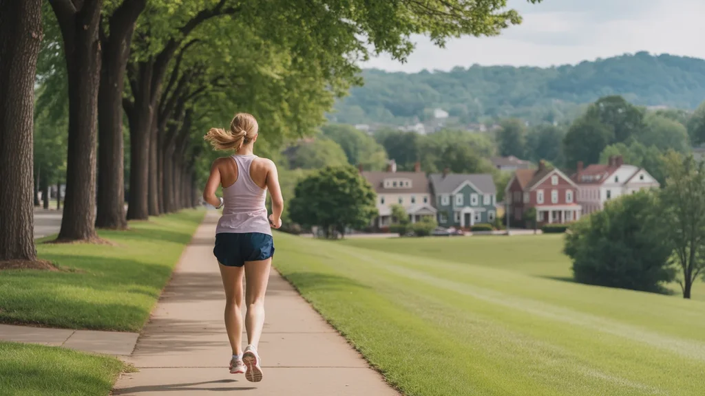 Woman jogging through a picturesque Franklin, TN neighborhood on a sunny morning.