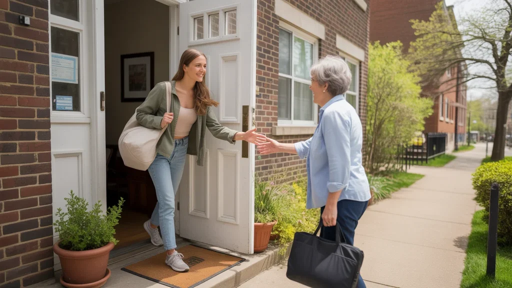 Young woman entering a cozy Evanston apartment building with a gym bag and a smile