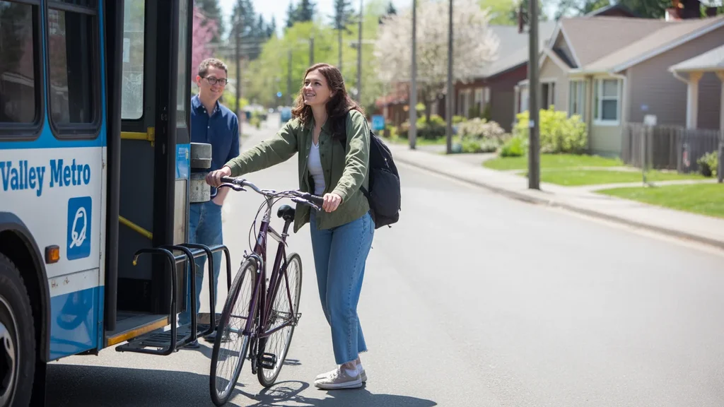 Woman loading bicycle onto bus rack in Hillsboro, Oregon neighborhood