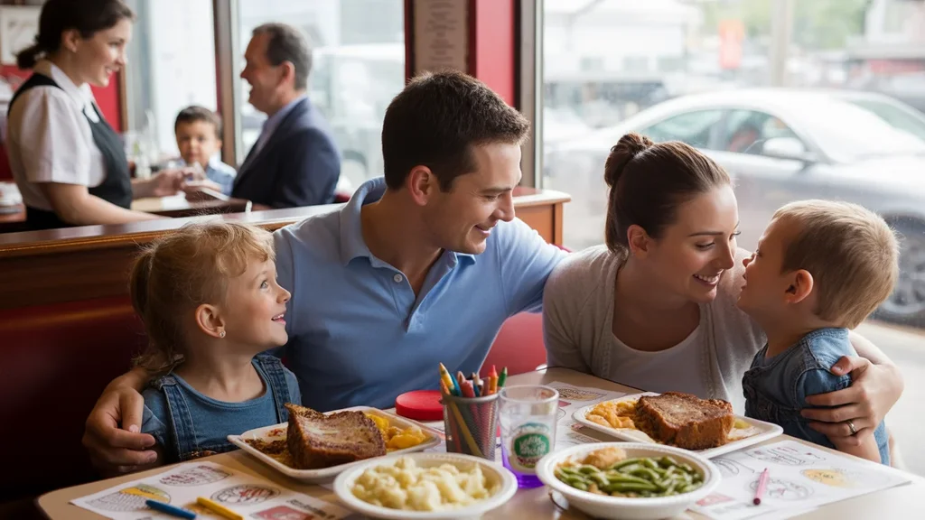 A young family enjoys dinner together at a cozy diner booth in Marietta, Georgia