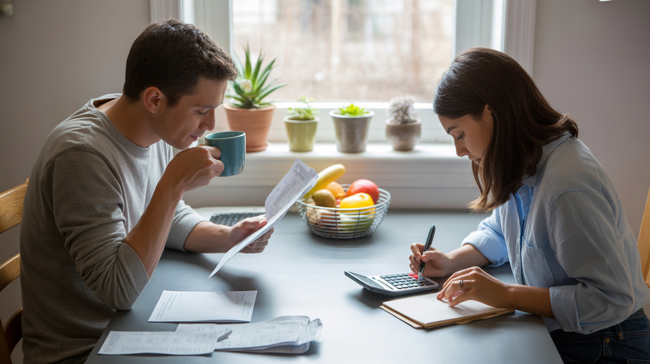 Couple reviewing monthly budget and finances at kitchen table