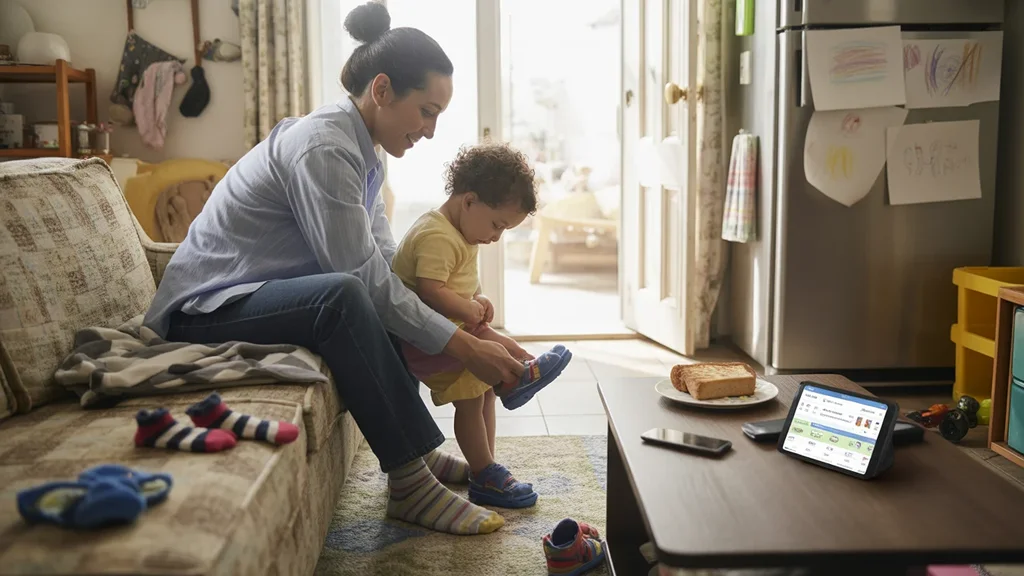 Parent helping child tie shoes in living room, budgeting app on table