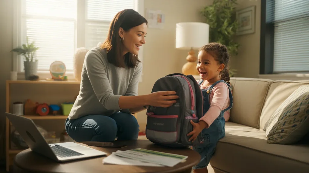 Mother helping daughter pack for school in living room of League City apartment