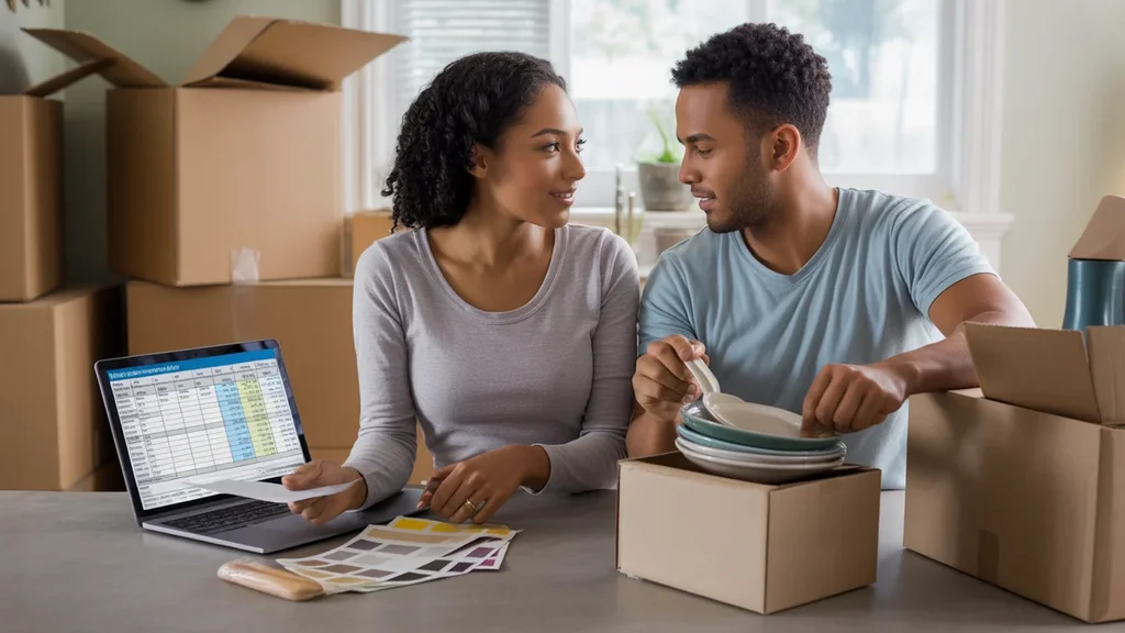 Young couple budgeting in their new Antioch home kitchen