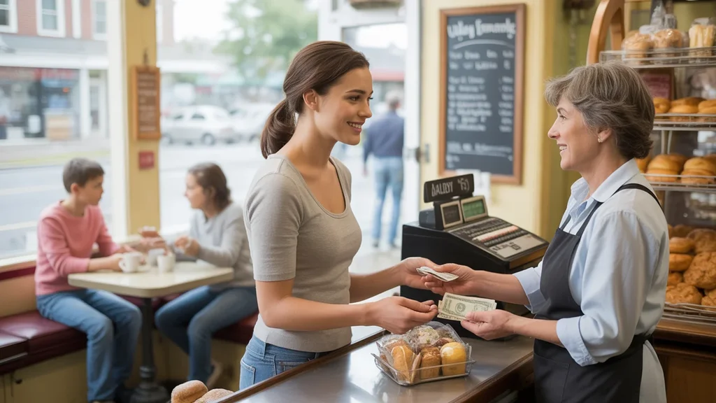 Woman paying in cash at local Valley Station bakery