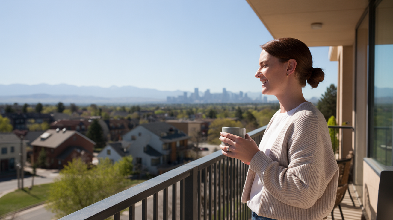 Woman enjoying coffee on balcony of modern Lone Tree apartment with mountain view