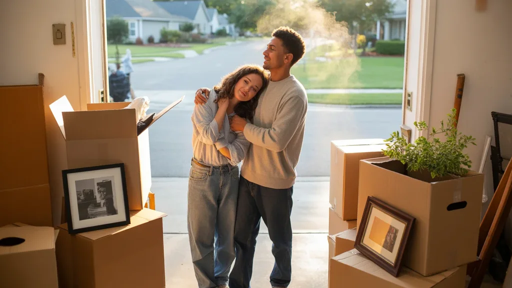 Young couple taking a break from unpacking moving boxes in their new house garage