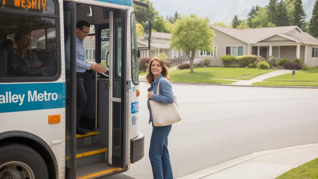 Woman boarding Valley Metro bus on sunny suburban street corner in Valley Station, Kentucky