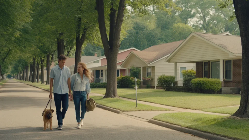Couple walking dog in quiet Nicholasville KY neighborhood with modest ranch homes