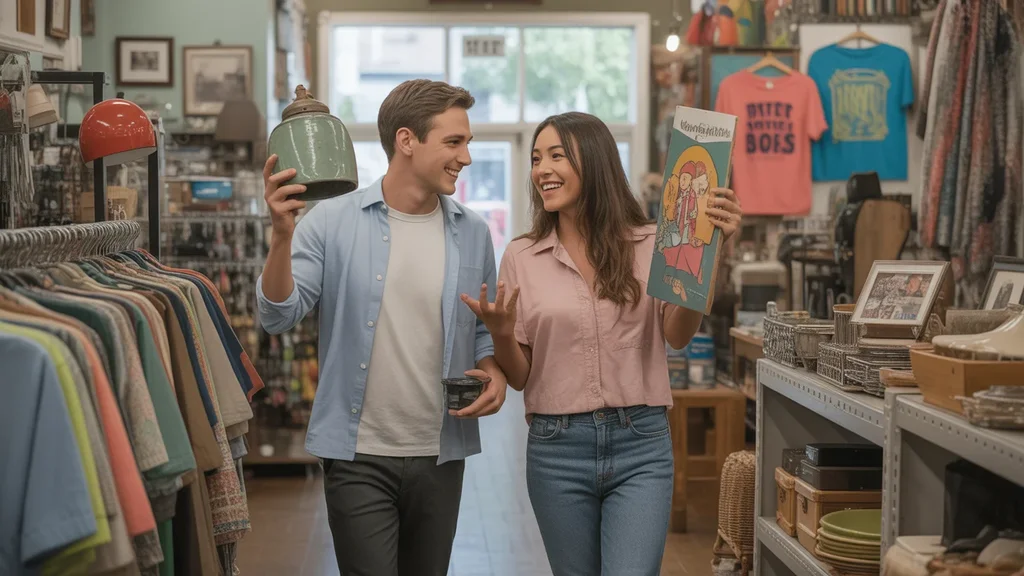 Couple browsing and laughing together in Hillsboro thrift store