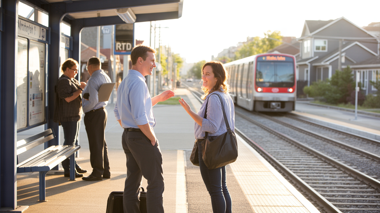 Two coworkers chat while waiting for the light rail after work in Northglenn, Colorado