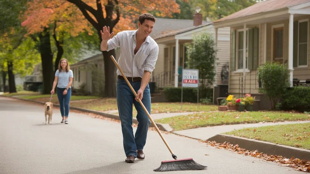Man sweeping driveway of duplex home for sale in Chapel Hill neighborhood on sunny fall day