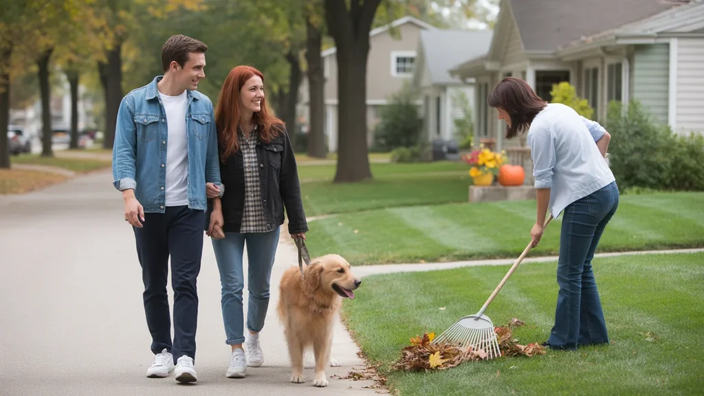 Couple walking dog in Bolingbrook neighborhood with townhouses and single family homes