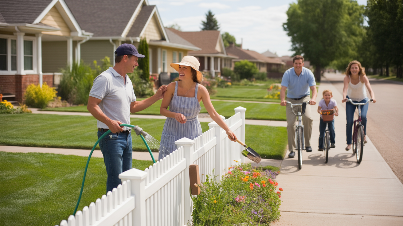 Neighbors chat while gardening in front of their suburban homes on a sunny day in Northglenn, Colorado