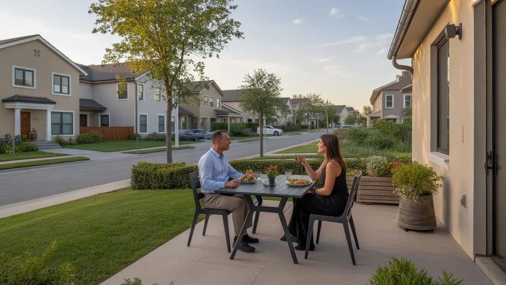 Couple eating dinner on patio of their new house in Moore, Oklahoma