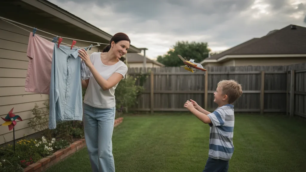 Woman brings in laundry from clothesline as son plays in League City backyard