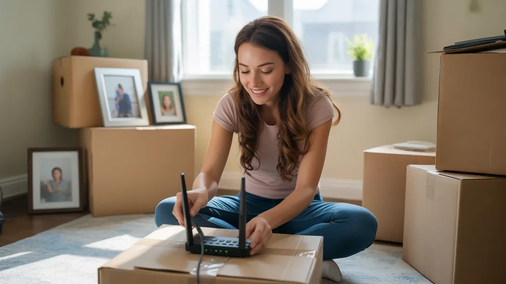 Woman setting up Wi-Fi router in new Alpharetta apartment, surrounded by moving boxes and framed photos.
