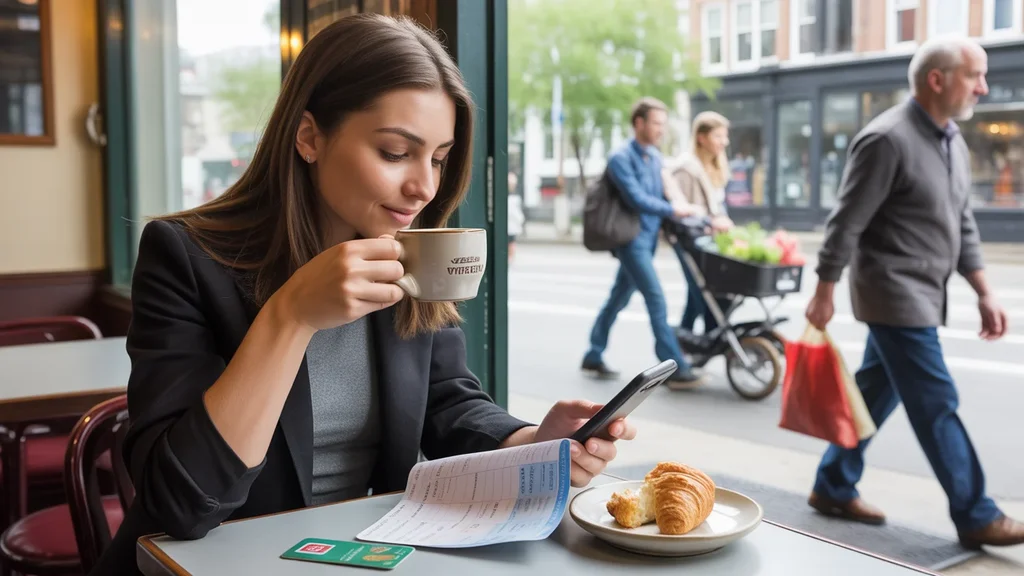 Woman reviewing monthly budget on phone while drinking coffee in Wheaton cafe