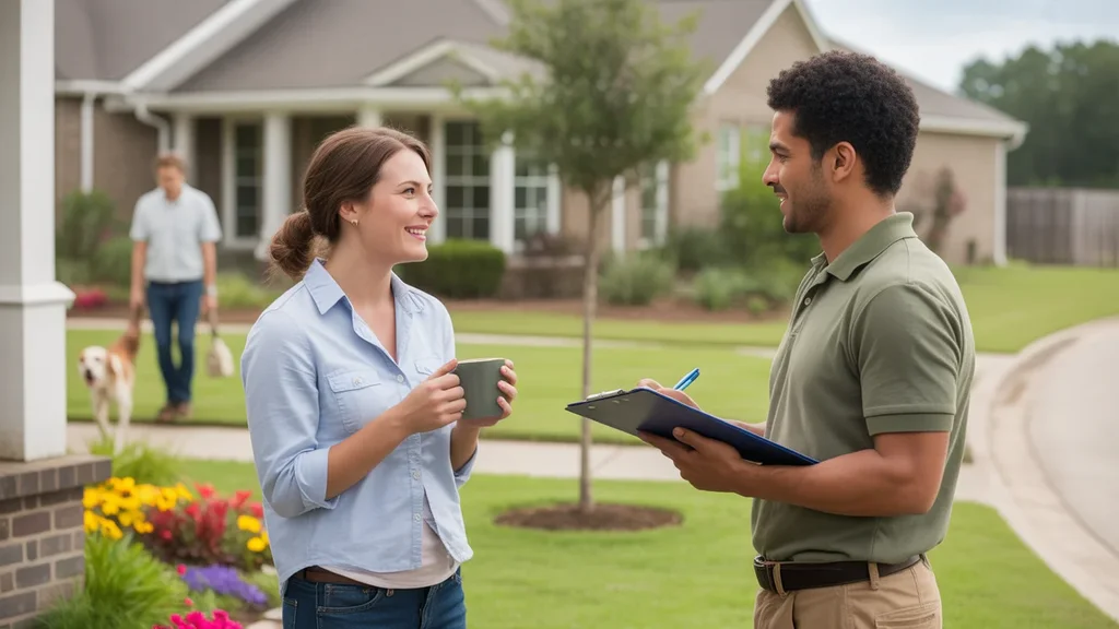 Homeowner discussing lawn care with landscaper outside Frisco home