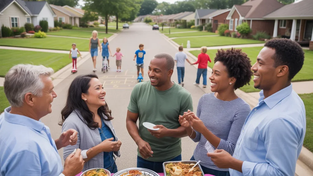 Neighbors mingling at block party on cul-de-sac in Midwest City, Oklahoma