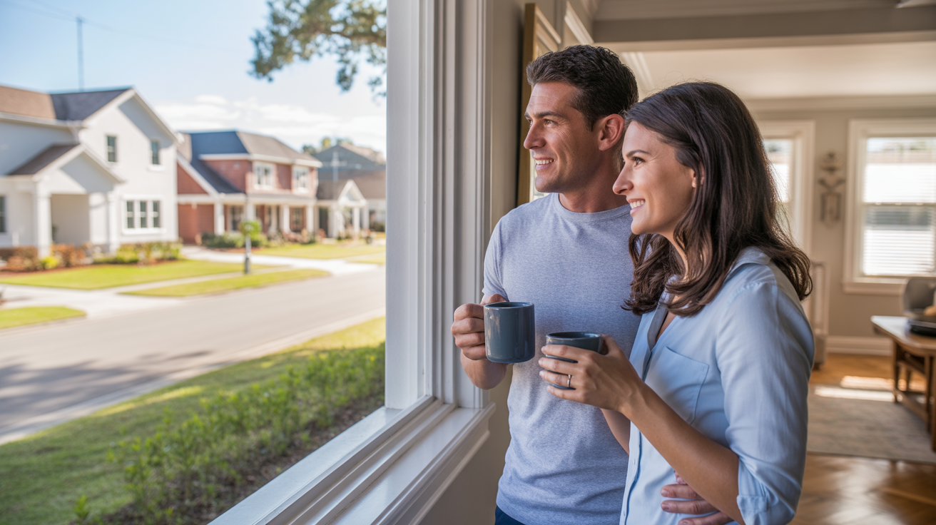 Couple looks out window of their new home in Winter Park, FL