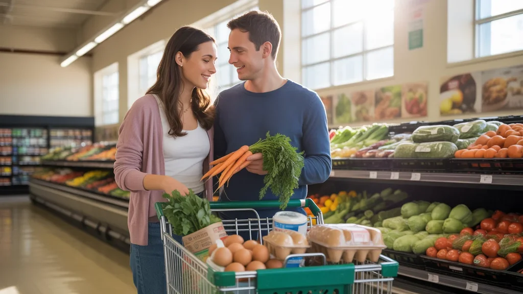 Couple shopping for fresh produce in Apex grocery store