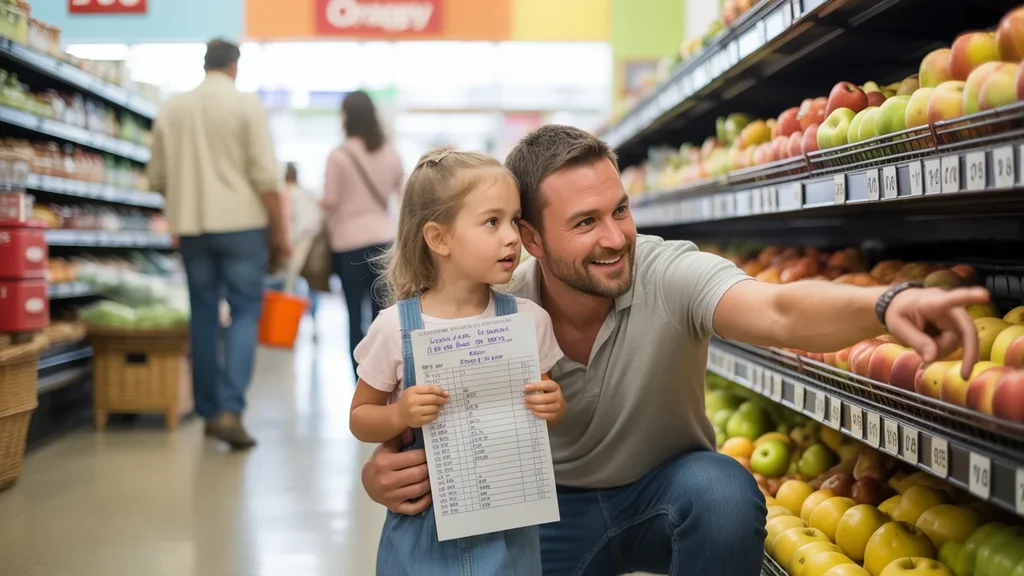 Father teaching daughter how to compare grocery unit prices in store