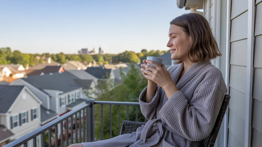 Woman drinking coffee on balcony overlooking Alpharetta neighborhood at sunrise