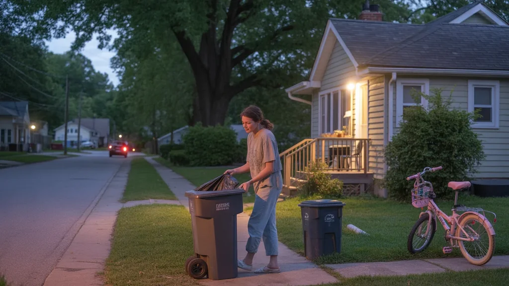 Woman taking out trash at her house in Durham, NC at dusk