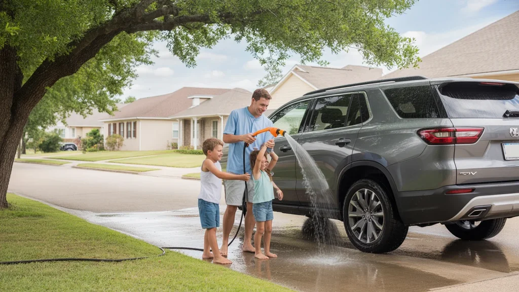 Father and kids washing car in driveway of Pasadena TX home on summer afternoon