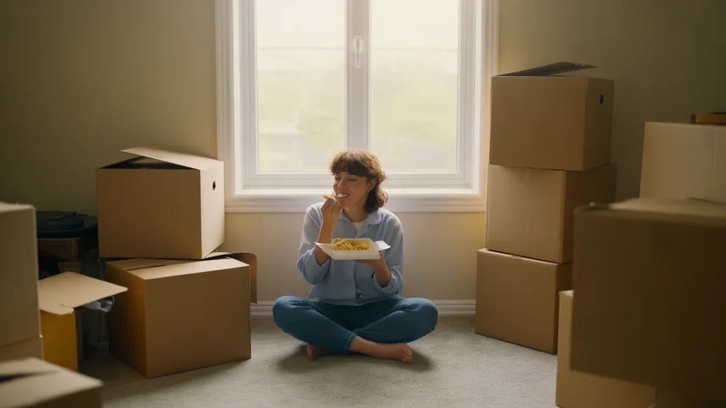 Person sitting on floor eating in empty Tigard apartment surrounded by moving boxes